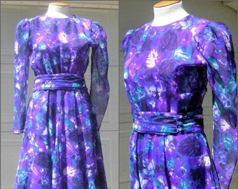 Vintage PURPLE Party Dress Fancy Sheer Chiffon Floral Full Skirt & Cummerbund Waist 70s/80s Princess Kate Style - S to M Size 6