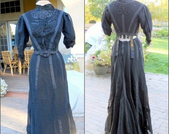 アンティーク エドワード朝時代の喪服：黒のコルセット、刺繍、1900年代のヴィンテージ