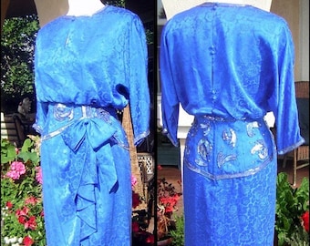 Vintage Party Dress Sequins Rhinestones & Beads - Royal Blue Silk Sash Hip - Size 10 Petite