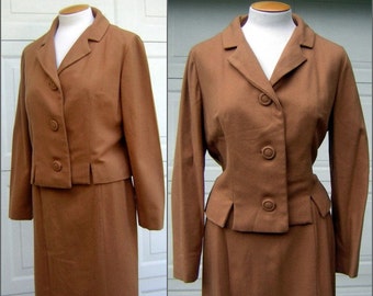 Vintage Suit Toffee Brown Wool Notched Waist Hand Tailored Fine Wool & Silk Lining BUST 44" WAIST 28"