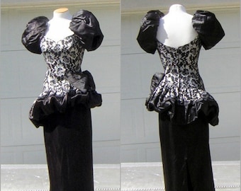 Vintage 80s Asymmetric Pouf Party Gown Long Dress - Black Satin & Silver Lace - S XS