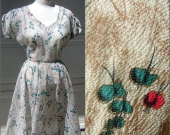 Vintage 40s Dress Sexy & Light Breezy Fun Butterfly Print Nylon Seersucker Shirred Shoulders - Make Mine A McKettrick - Size S to M