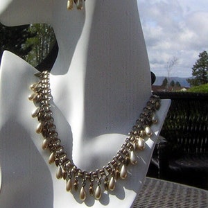 Vintage BARCLAY Egyptian Etruscan Revival Necklace & Earring Set - Faux Pearl Teardops Book Chain - Signed