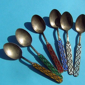 Vintage Einar Modahl Modernist Sterling Silver GUILLOCHE Enamel Demitasse Spoons - NORWAY Set of 6