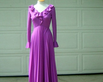 Vintage Purple Dress Long ruffled Maxi Gown with Elegant Sexy Fit - Crystal Pleats Full Skirt - S