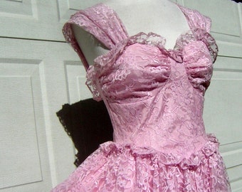 Vintage Party Dress Formal 70s Lavender Lace & Ruffles - New Old Stock with Tags Small