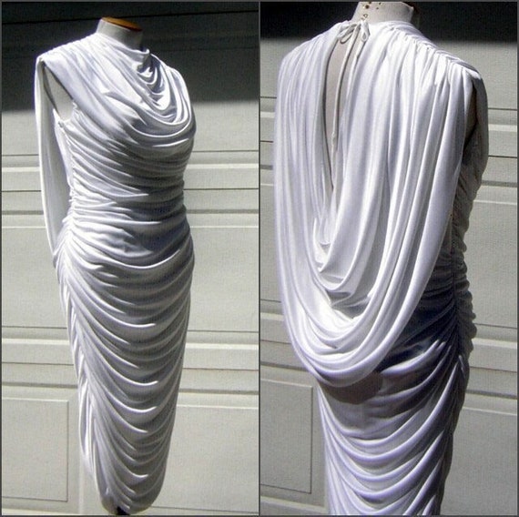 Vintage 80s Ruched Wiggle Party Dress Wedding Whi… - image 1