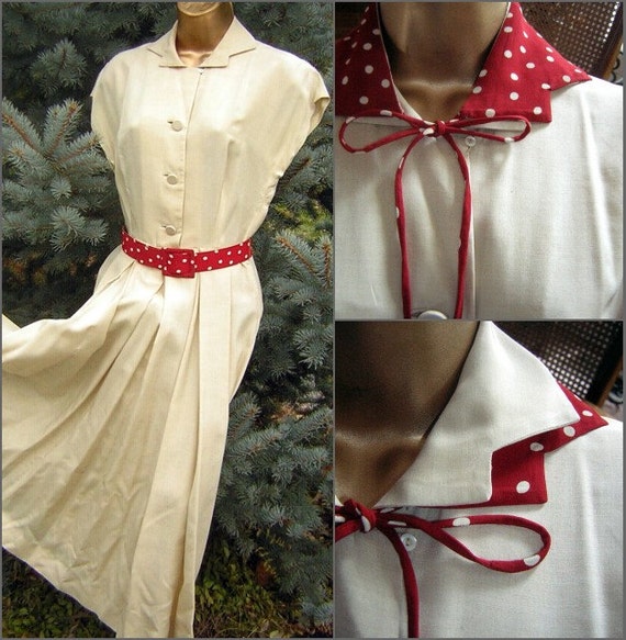 Silk Pongee Dress Vintage 50s 60s Red Polka Dot V… - image 2