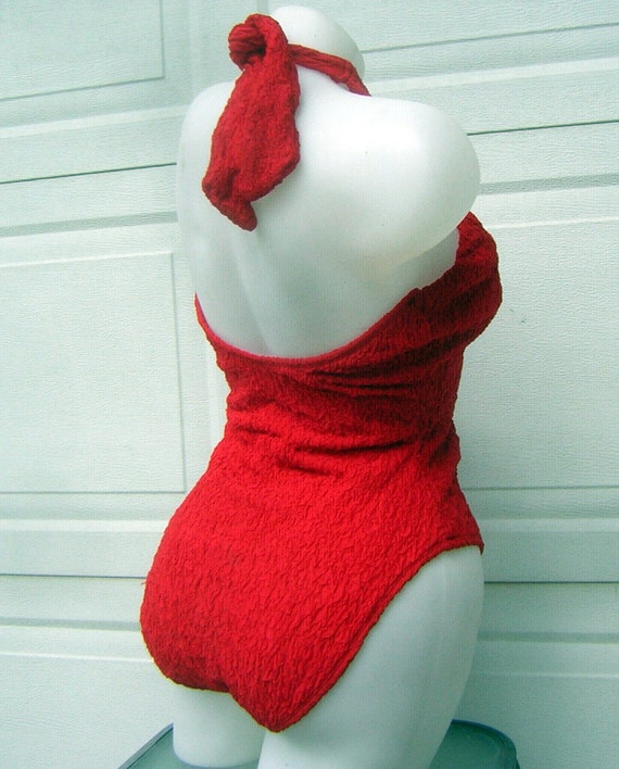 Vintage SwimSuit Bathing Suit SEXY RED Halter Bom… - image 6