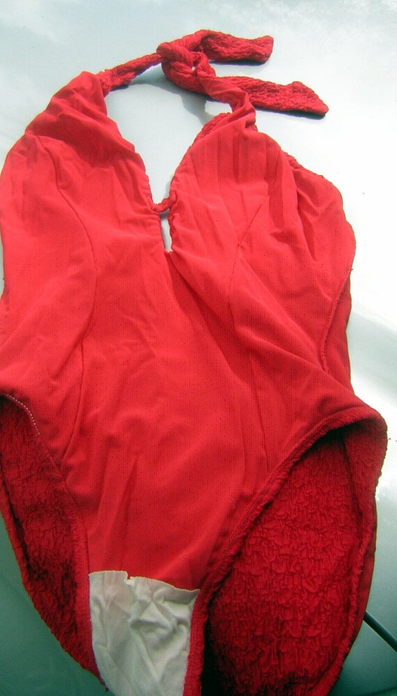 Vintage SwimSuit Bathing Suit SEXY RED Halter Bom… - image 8