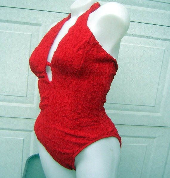 Vintage SwimSuit Bathing Suit SEXY RED Halter Bom… - image 1