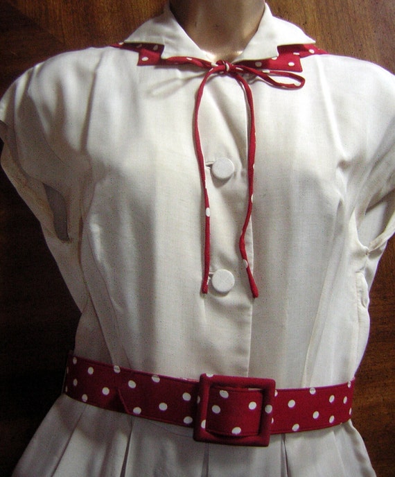 Silk Pongee Dress Vintage 50s 60s Red Polka Dot V… - image 3