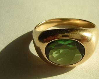 Antique Green Tourmaline Ring, 14KT Yellow Gold Estate Jewelry, Size 7.5