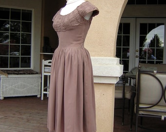 Vintage 1950s Dress Elegant & Sexy Shirred Mocha / Dove TAUPE Brown Chiffon with Full Skirt S to M