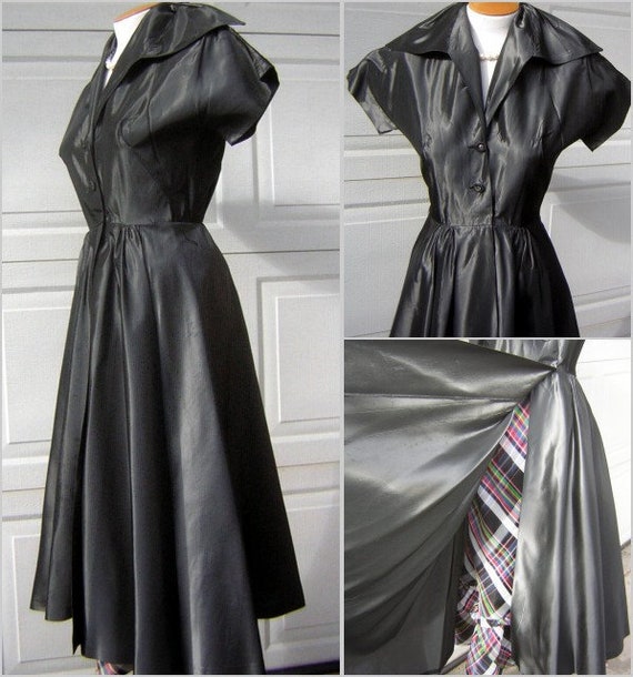 Vintage 50s Dress Gunmetal Gray Black Taffeta wit… - image 1