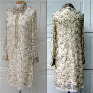 60s Beaded Party Dress Vintage HongKong Ivory Cream & Silver with Pearls Lace Overlay Tailored POSH MOD Medium Bust 41 image 2