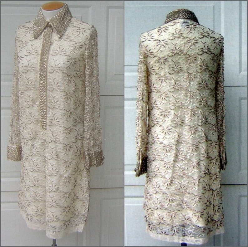 60s Beaded Party Dress Vintage HongKong Ivory Cream & Silver with Pearls Lace Overlay Tailored POSH MOD Medium Bust 41 image 2