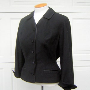 Vintage Black Jacket 1950s New Look BARUNDA - Hard Woven Wool Silk Satin Trim - Bust 43"