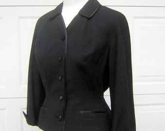 Vintage Black Jacket 1950s New Look BARUNDA - Hard Woven Wool Silk Satin Trim - Bust 43"