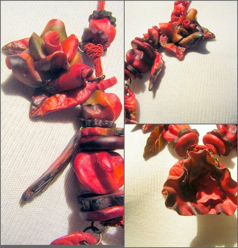 Tropical Statement Piece Good /& GAUDY Necklace Chunky Hand Crafted Marble RED Polymer