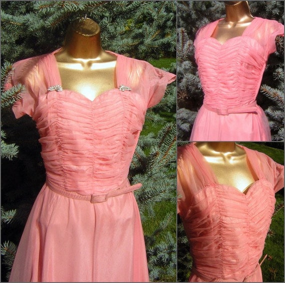 30s 40s Dress Long Gown Pink Shirred Dress - Rhin… - image 2