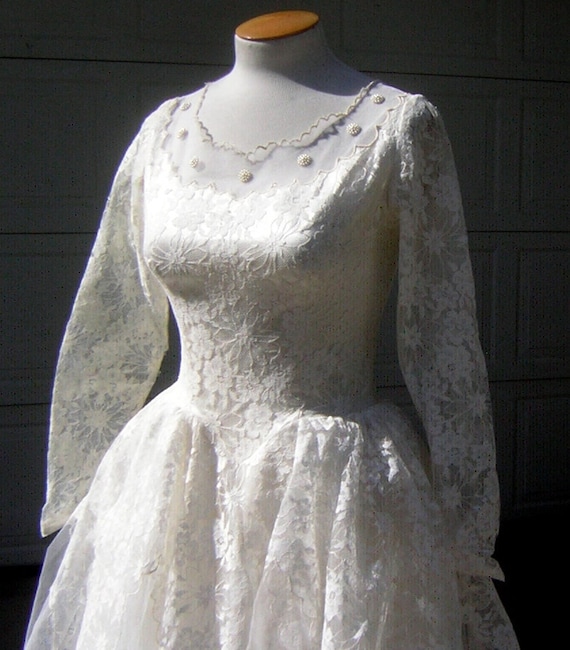 Vintage 50s Wedding Dress Sheer Illusion Bodice G… - image 1