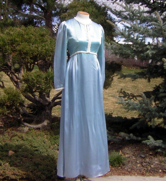 Vintage Ice Blue Satin Gown with Elegant Pearl Ba… - image 1