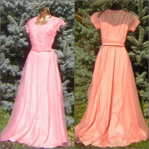 30s 40s Dress Long Gown Pink Shirred Dress - Rhin… - image 1