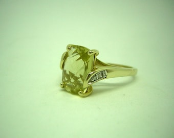 Citrine Ring Lemon Quartz Yellow Amethsyt Faceted 14KT Gold with Diamonds Size 8 1/2 Engagement or Birthstone