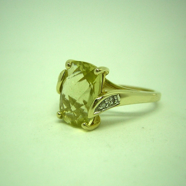 Citrine Ring Lemon Quartz Yellow Amethsyt Faceted 14KT Gold with Diamonds Size 8 1/2 Engagement or Birthstone