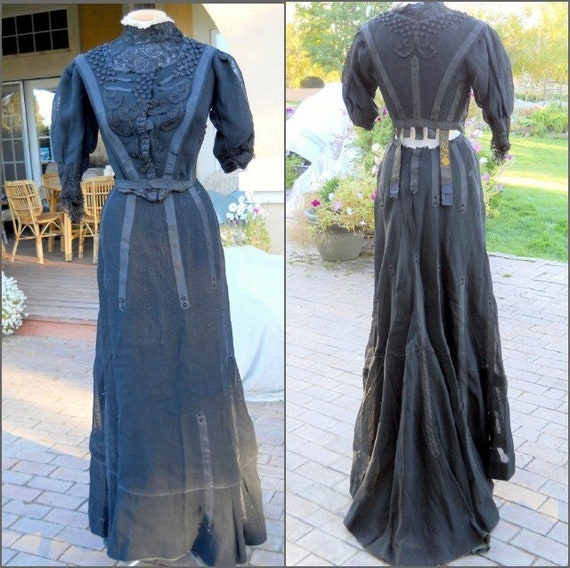 Antique Edwardian Mourning Dress: Black Corset, Needlework, 1900s Vintage