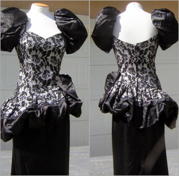Vintage 80s Asymmetric Pouf Party Gown Long Dress