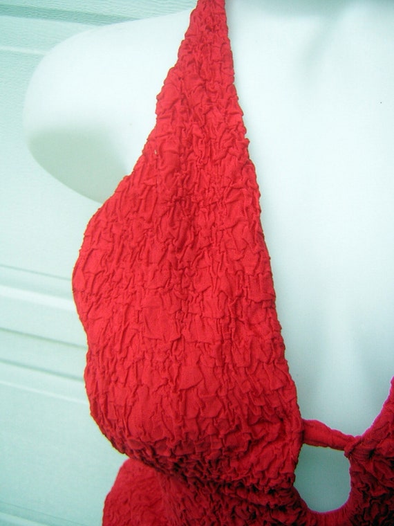 Vintage SwimSuit Bathing Suit SEXY RED Halter Bom… - image 5