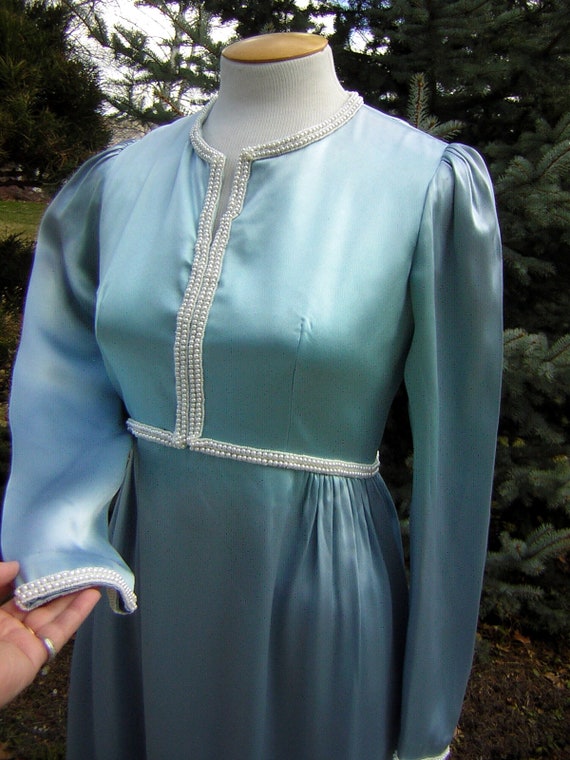 Vintage Ice Blue Satin Gown with Elegant Pearl Ba… - image 2