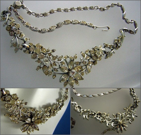 Vintage CORO Rhinestone Necklace, 1950s Floral Vi… - image 3