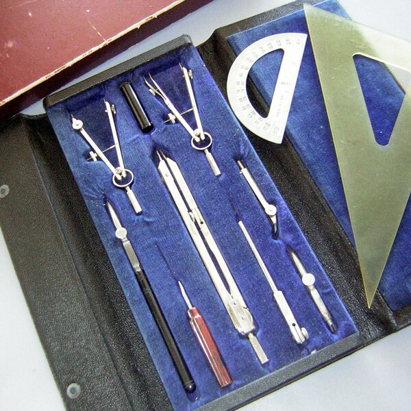 Vintage Drafting Engineer Set 11 pc in original case & sleeve - Charvos No. 612 Made in USA