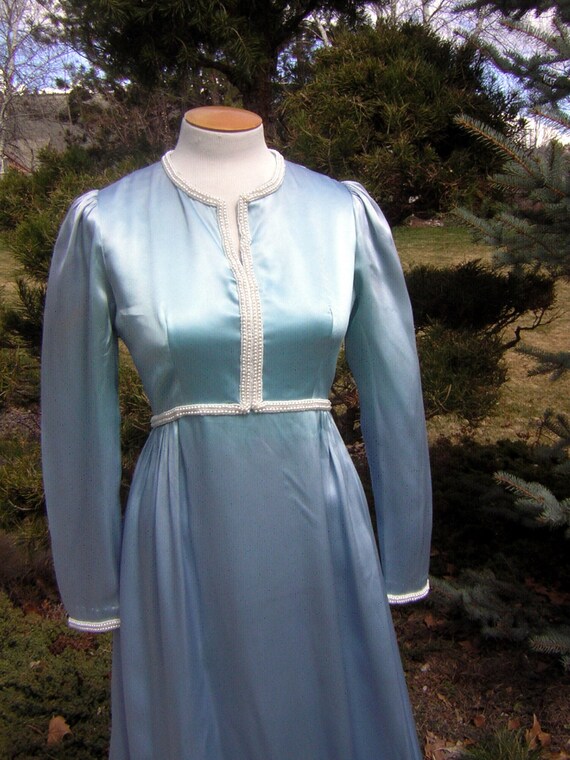 Vintage Ice Blue Satin Gown with Elegant Pearl Ba… - image 9