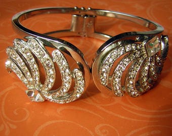 Vintage Rhinestone Clamper Bracelet Bold Statement Patented Pinch Free Hinge - MINT Condition