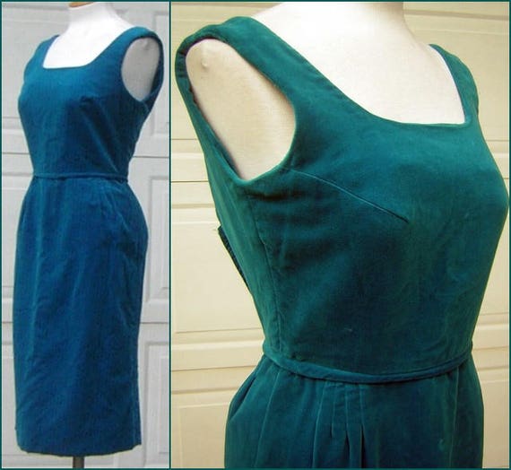 Vintage 60s Party Dress Turquoise Velvet / Velvet… - image 1