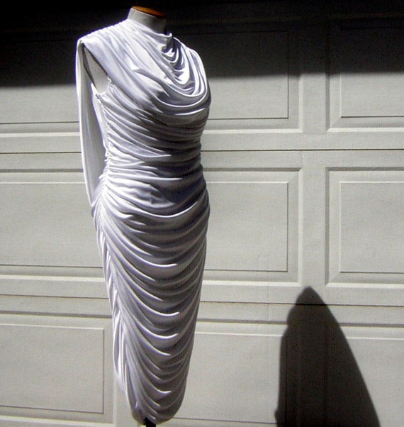 Vintage 80s Ruched Wiggle Party Dress Wedding Whi… - image 7