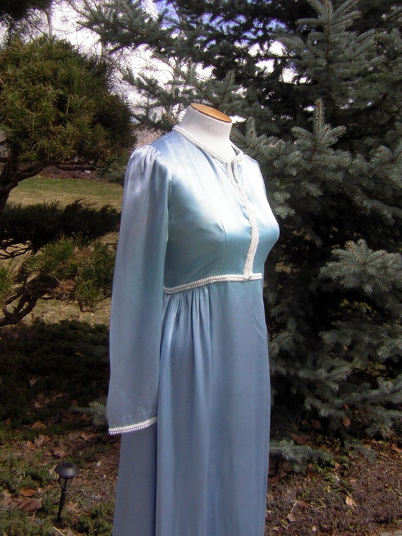 Vintage Ice Blue Satin Gown with Elegant Pearl Ba… - image 6