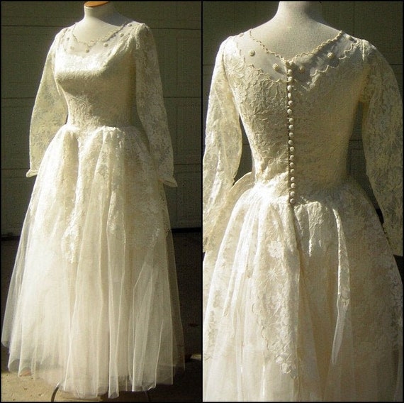 Vintage 50s Wedding Dress Sheer Illusion Bodice G… - image 2