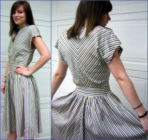 Vintage 40s Dress Crisp Color & Chevron Stripes Ra