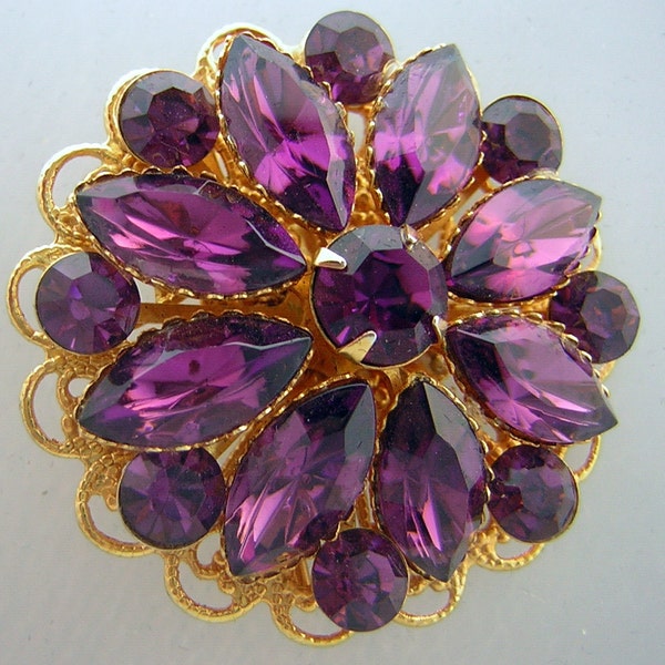 Vintage 60s Brooch Pin - Large Rich Purple Rhinestone - Round & Marquis Dazzlers