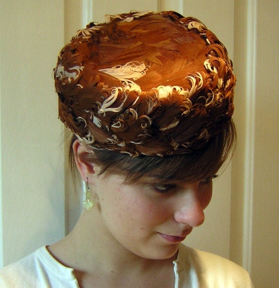 Vintage 60s Pillbox Tilt Hat - Curly Mocha & Cream FEATHERS  Elegant Classy