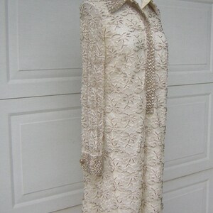60s Beaded Party Dress Vintage HongKong Ivory Cream & Silver with Pearls Lace Overlay Tailored POSH MOD Medium Bust 41 image 7