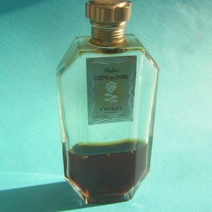 Vintage Crepe De Chine Parfum - F. Millot - Original 1/2 ounce Bottle - Gold Flower Shaped Cap - 1/3 full