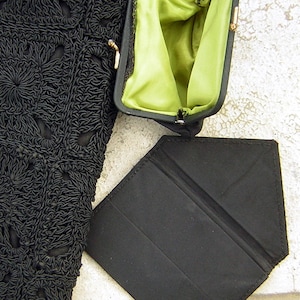Crocheted Corde Bag Purse 3 Pc Set - Vintage 40s - Jet Black Clutch plus extra goodies