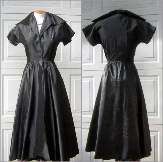 Vintage 50s Dress Gunmetal Gray Black Taffeta wit… - image 9