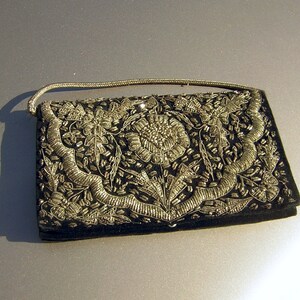 Vintage Black Velvet Clutch: Silver Bullion Embroidery, Made in India